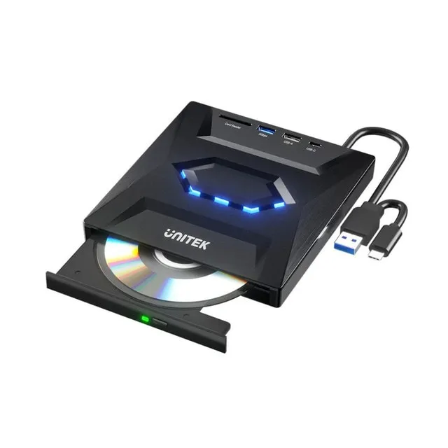 Unitek 5-in-1 External Optical Drive with Multi-Function USB Hub – Portable CD/DVD Burner, USB 3.0 Connectivity, and High-Speed Data Transfer for Laptops and Desktops