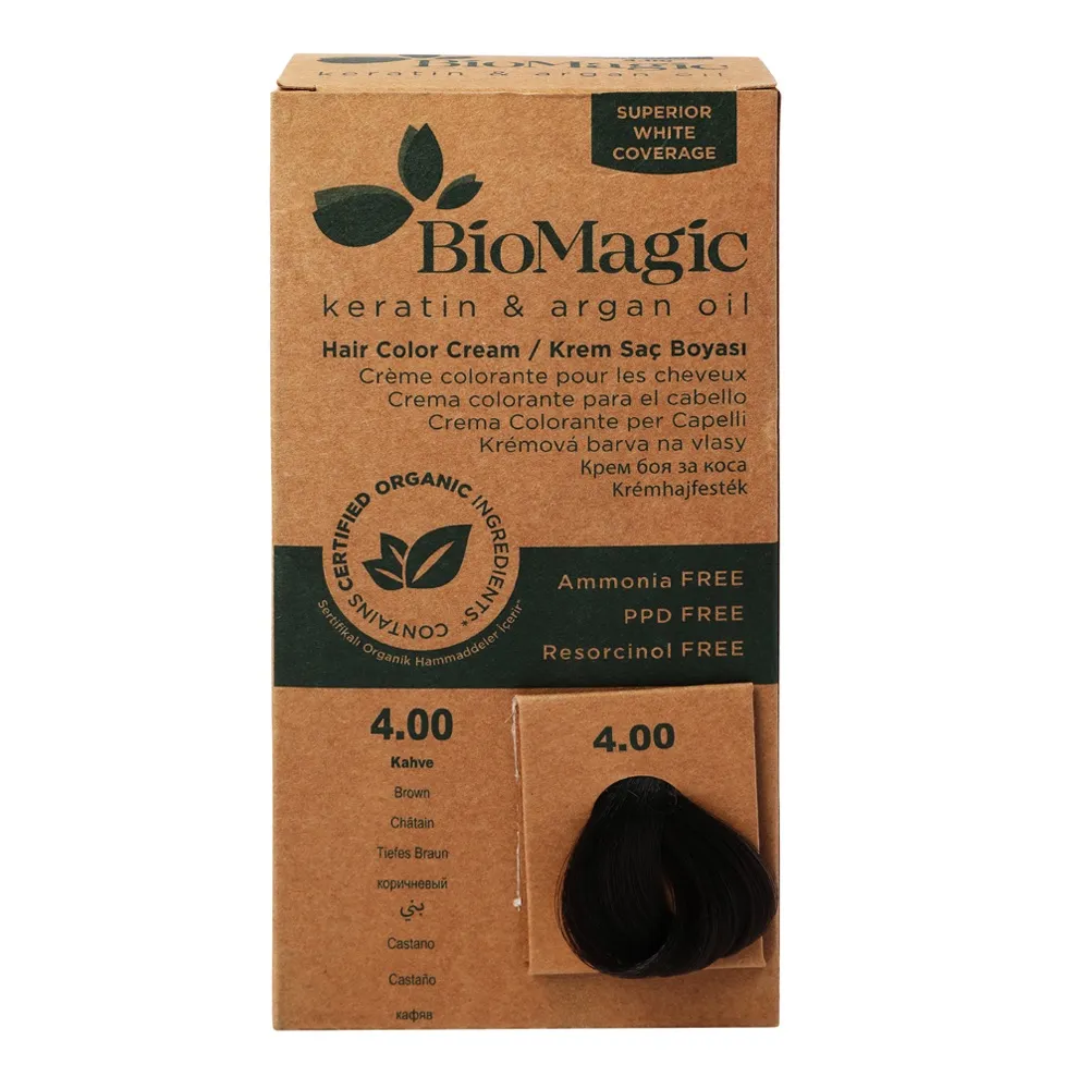 BioMagic كريم لون شعر بني 4.00 بالكيراتين مع زيت الأرغان