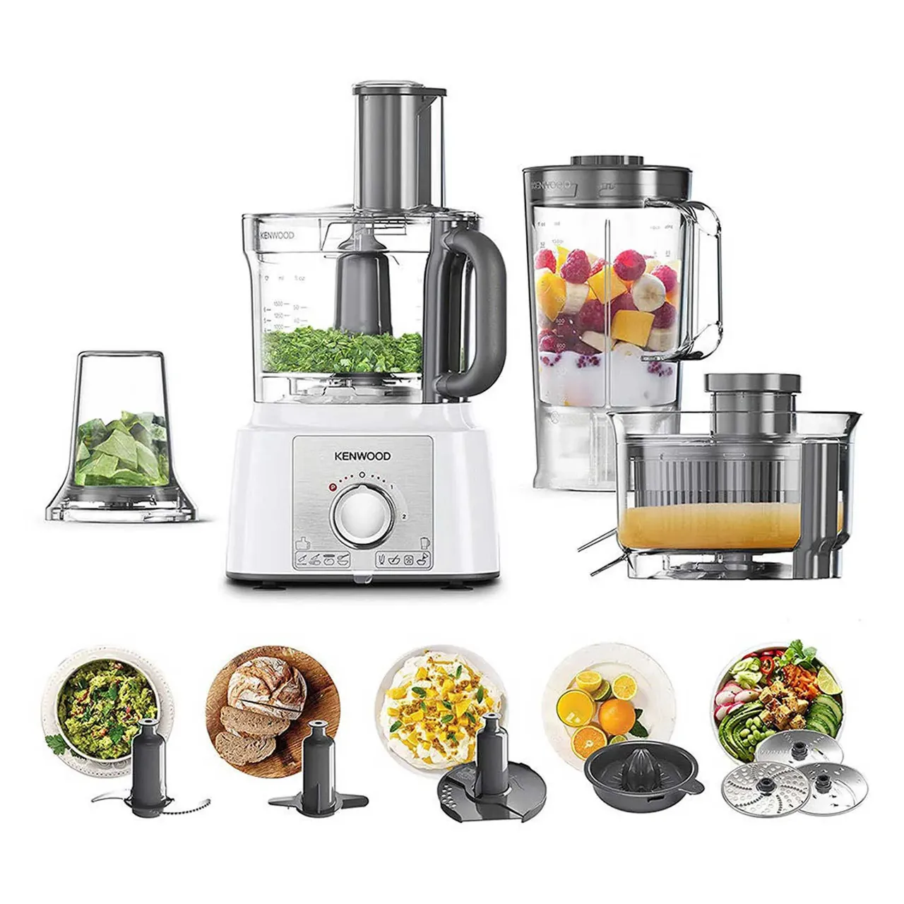 Kenwood محضرة طعام 1000W متعددة الوظائف مع 3 أقراص ستانلس ستيل، خلاط، مطحنة، عصارة، خفاقة، عجانة، عصارة حمضيات FDP65.750WH أبيض