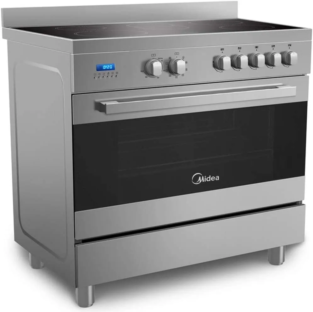 Midea طباخ سيراميك قائم بذاته مقاس 90x60cm، فرن متعدد الوظائف، 5 مناطق سيراميك، مروحة حمل مزدوجة، شواية دوارة، مؤقت رقمي، ستانلس ستيل – VSVC96048-CLR01
