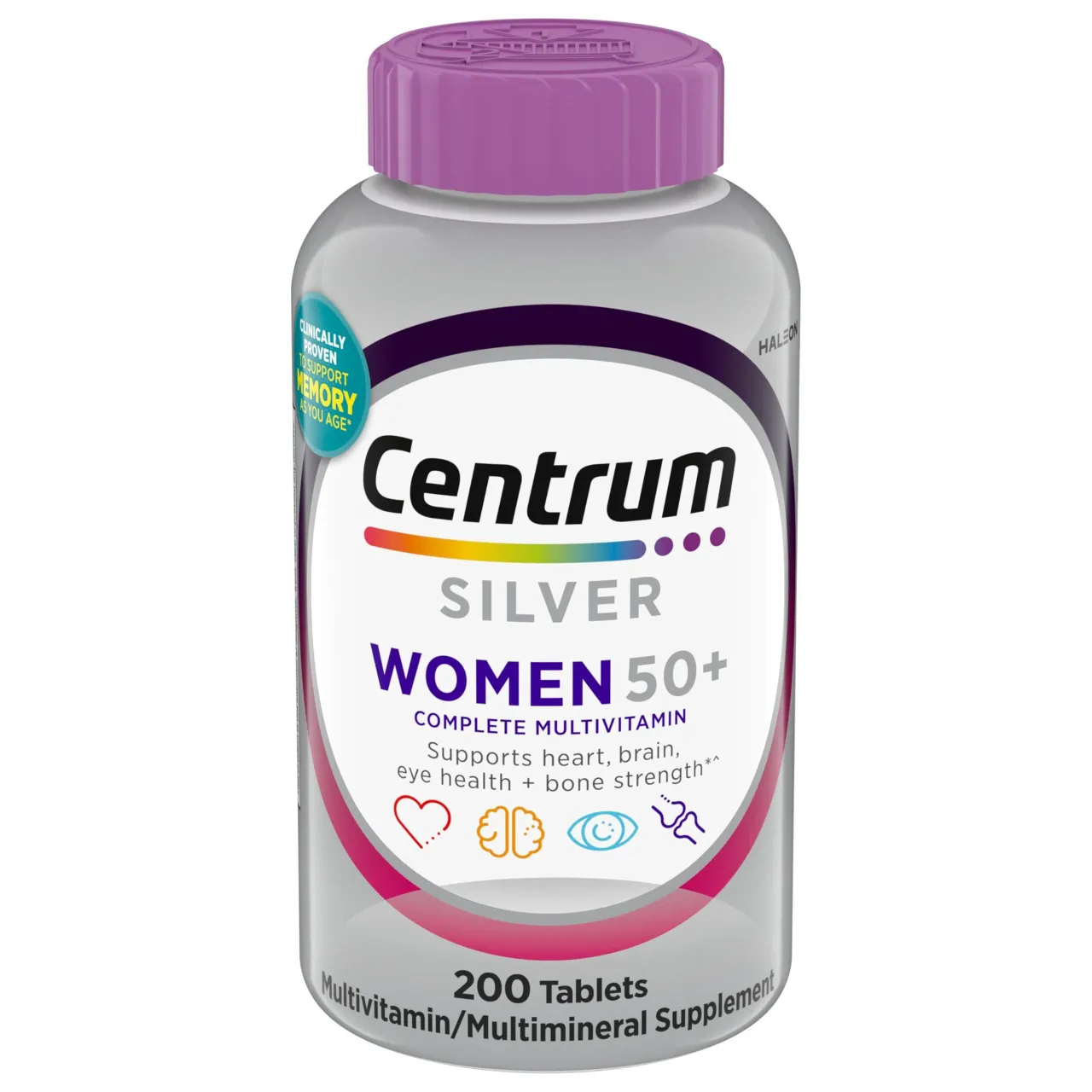 Centrum مكمل متعدد الفيتامينات والمعادن للنساء فوق 50 Silver Womens مع فيتامين D3 وفيتامينات B مكونات غير معدلة وراثيا يدعم الذاكرة والإدراك لدى كبار السن 200 قرص