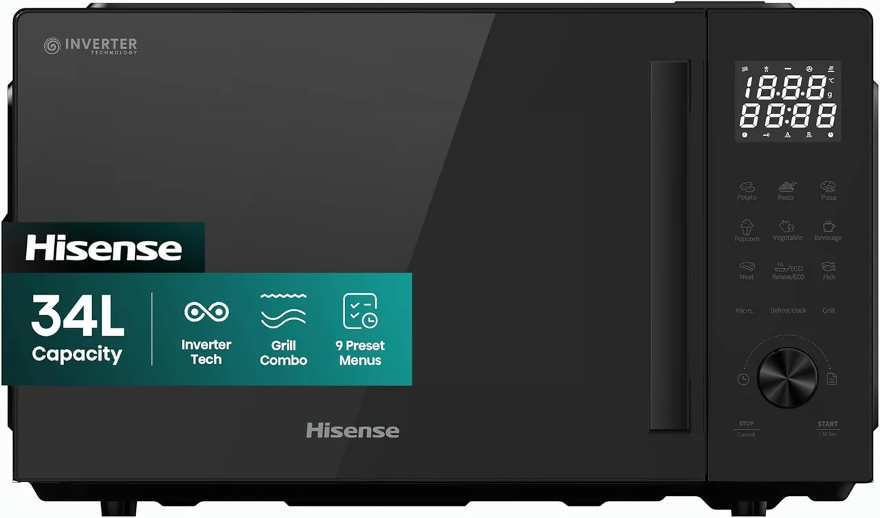 Hisense فرن ميكروويف كبير مع شواية 34 Liters بقدرة 1000W و10 مستويات طاقة و9 قوائم معدة مسبقاً ومضاد للبكتيريا بتصميم سيراميك داخلي وتحكم باللمس H34MOBS10HG