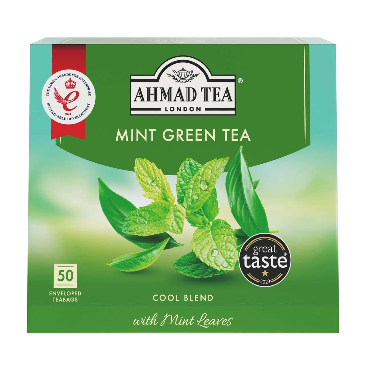Ahmad Tea London شاي أخضر بالنعناع تشكيلة منعشة بأوراق النعناع، 50 كيس شاي مغلف