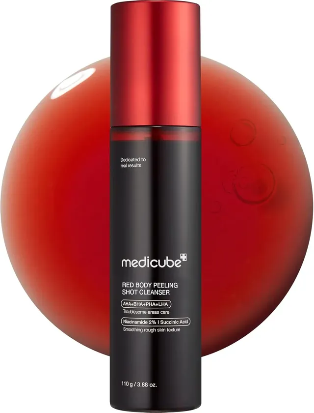 medicube Red Body Peeling Shot, Strawberry Skin Body Spray Cleanser, AHA + BHA + Succinic Acid, Exfoliating, 3.88 oz.