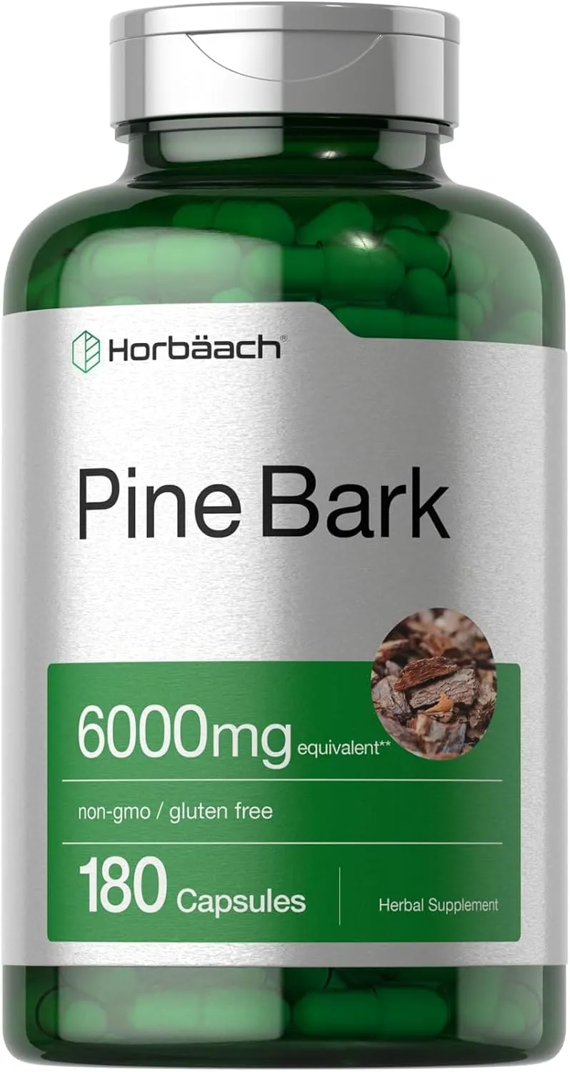 Horbäach مستخلص لحاء الصنوبر 6000mg، عدد 180 Capsules، موحد ليحتوي على 95% Proanthocyanidins، مكمل غير معدل وراثيا وخال من الجلوتين