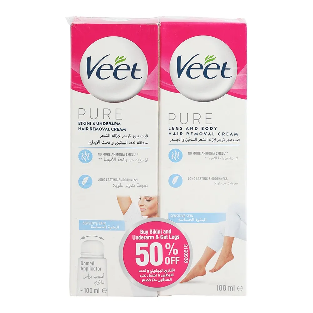 Veet كريم إزالة الشعر للبشرة الحساسة - للساقين والجسم + منطقة البكيني وتحت الإبطين مع أداة تطبيق مقببة