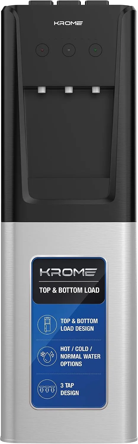 Krome Top & Bottom Loading Water Dispenser, Hot Cold Normal Water, 3 Tap Design, Space-Saving Compact Floor Standing, Silver & Black, KR-WDTBL 3TW