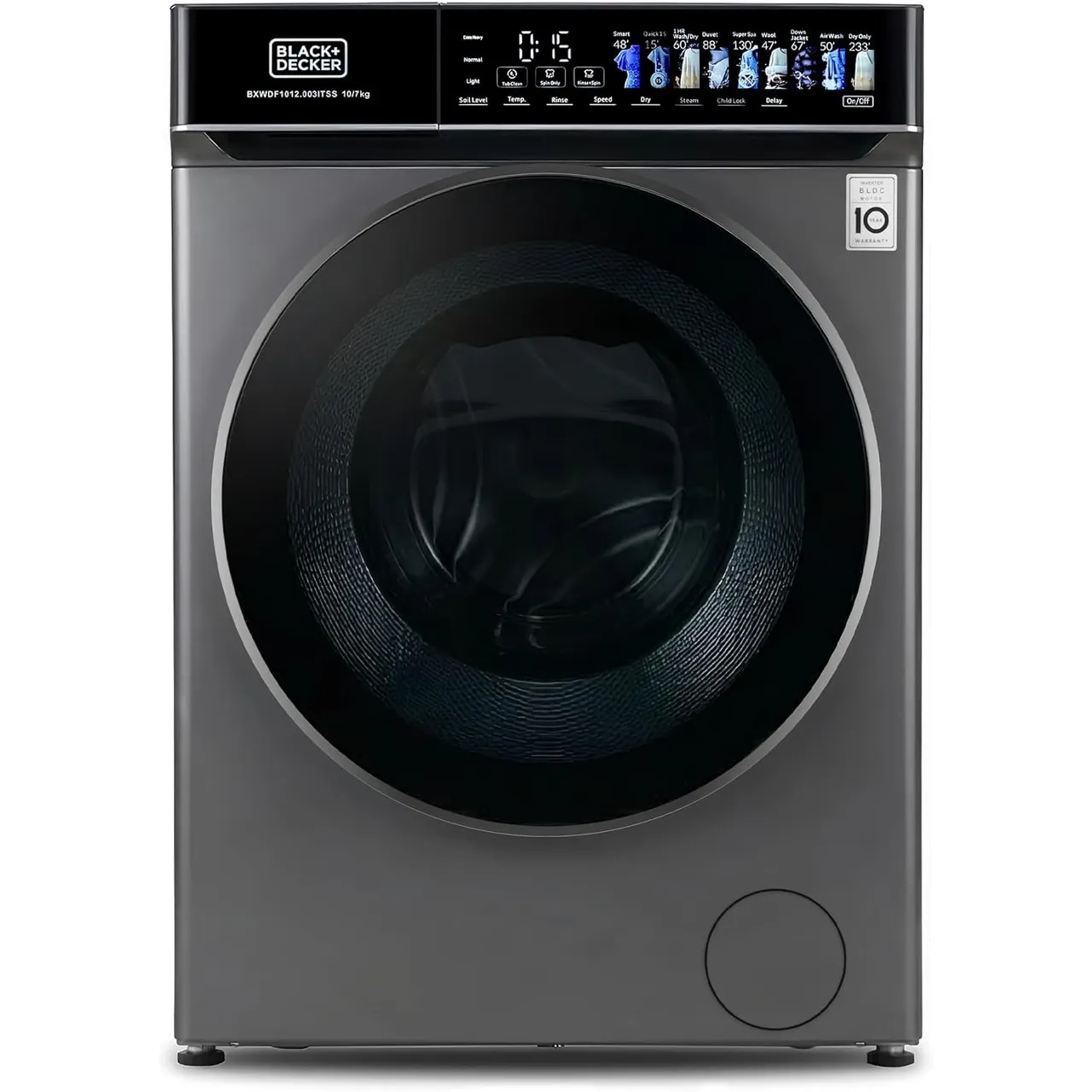 Black+Decker غسالة ونشافة، محرك BLDC، عناية بالبخار الدقيق Micro-Steam Care، عناية احترافية بالأقمشة، رمادي داكن Dark Grey - BXWDF1012.003ITSS