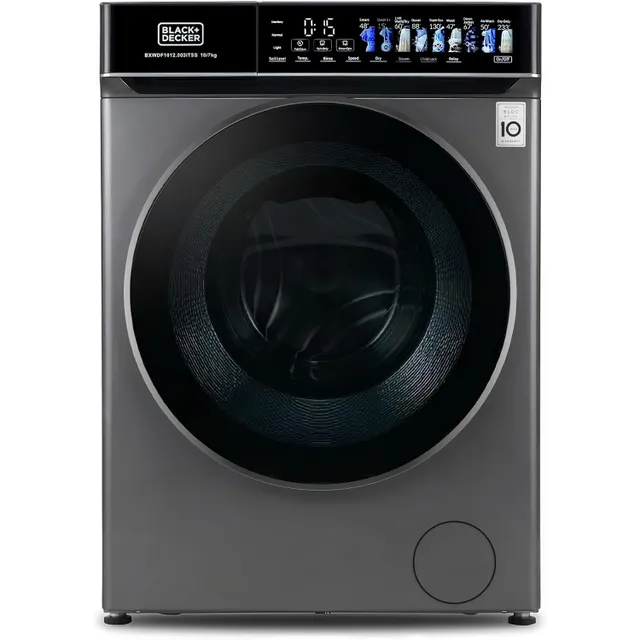 Black+Decker Washer Dryer, BLDC Motor, Micro-Steam Care, Pro-Level Fabric Care, Dark Grey – BXWDF1012.003ITSS