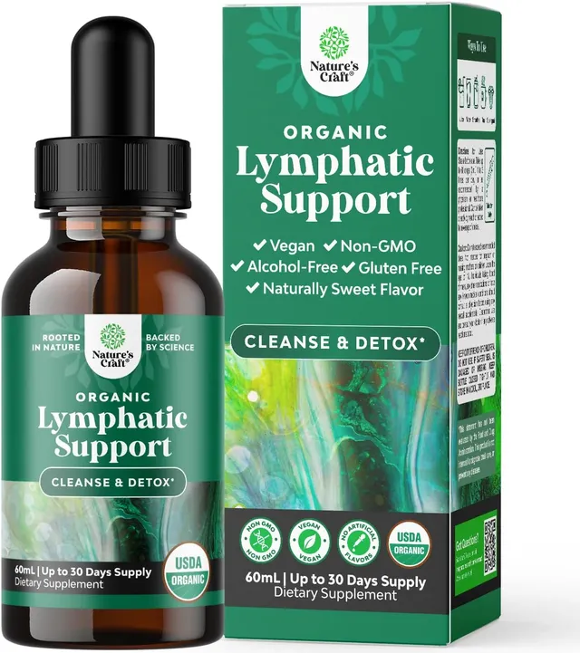 Natures Craft Certified Organic Lymphatic Drainage Drops - Herbal Lymphatic Cleanse And Immune Support Supplement With Echinacea Goldenseal & Red Clover Extract - 30 Servings
