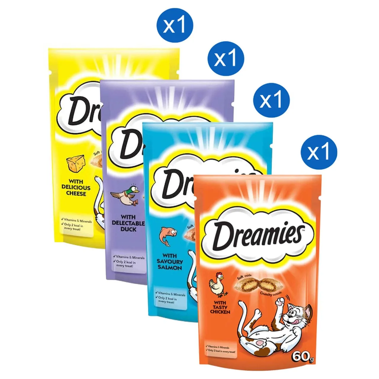 Dreamies مكافآت قطط بالجبن اللذيذ ومكافآت قطط بالبط الشهي ومكافآت قطط بالسلمون اللذيذ ومكافآت قطط بالدجاج الشهي