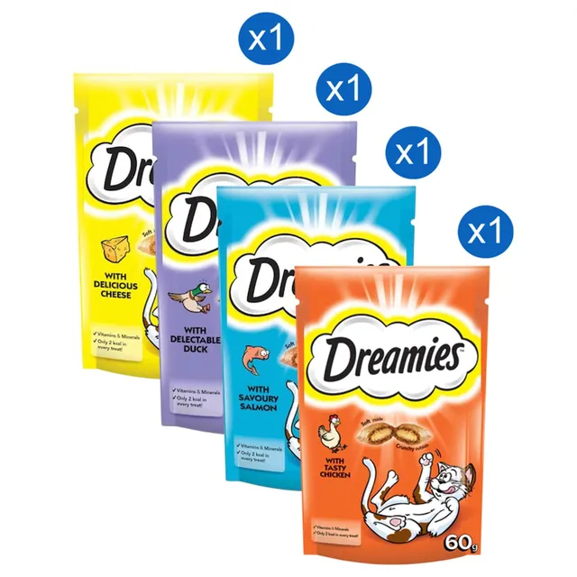 Dreamies Cat Treats with Delicious Cheese and Cat Treats with Delectable Duck and Cat Treats with Savoury Salmon and Cat Treats with Tasty Chicken