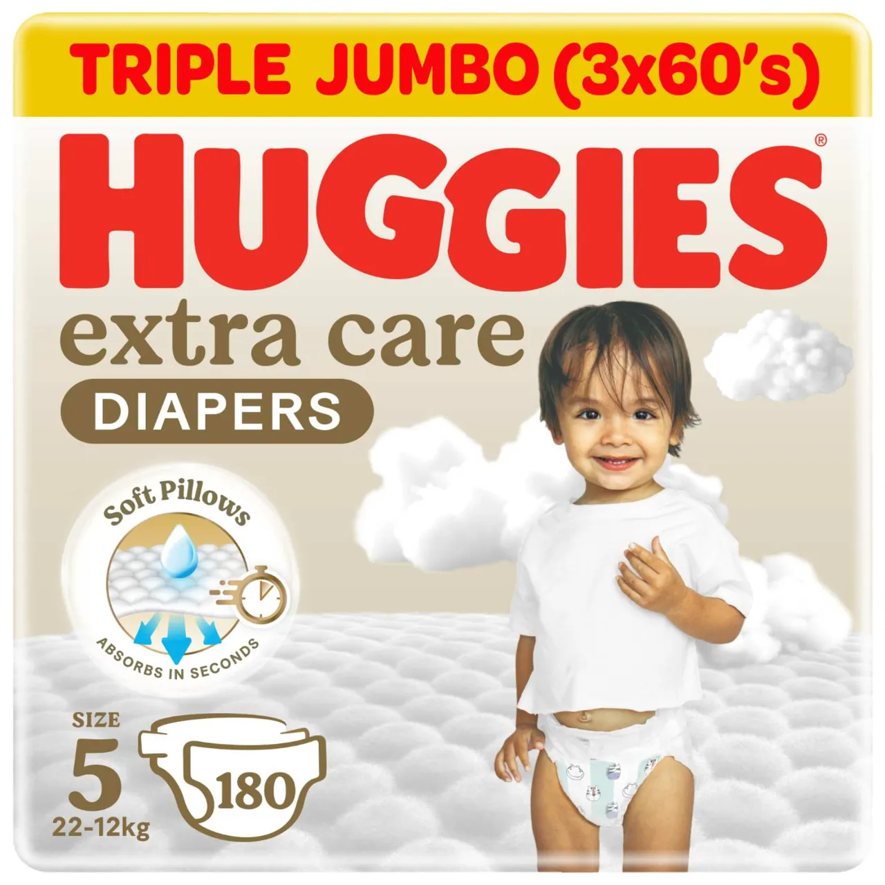 Huggies حفاضات أطفال عناية إضافية، مقاس 5 (12- )، عبوة سوبر ميغا، 180 حفاضة