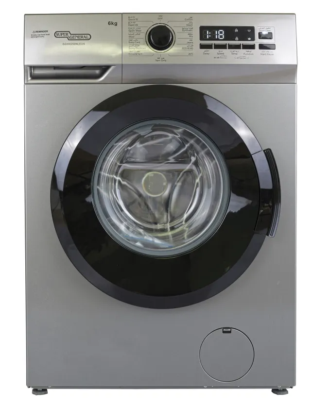 Super General Front Load Washing Machine, 1000 RPM, LED Display, 15 Wash Programs, Child Lock And Quick Wash SGW6250NLEDS Silver