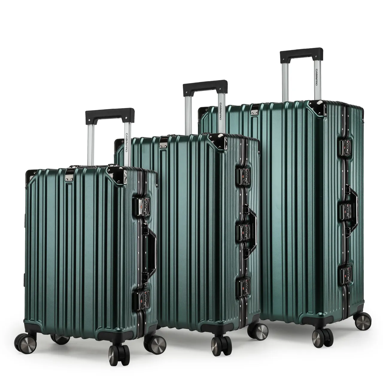 Cabinpro طقم حقائب سفر 3 قطع بهيكل ألمنيوم خفيف وغلاف صلب من البولي كربونات مع 4 عجلات دوارة مزدوجة 360° CP001 أخضر داكن