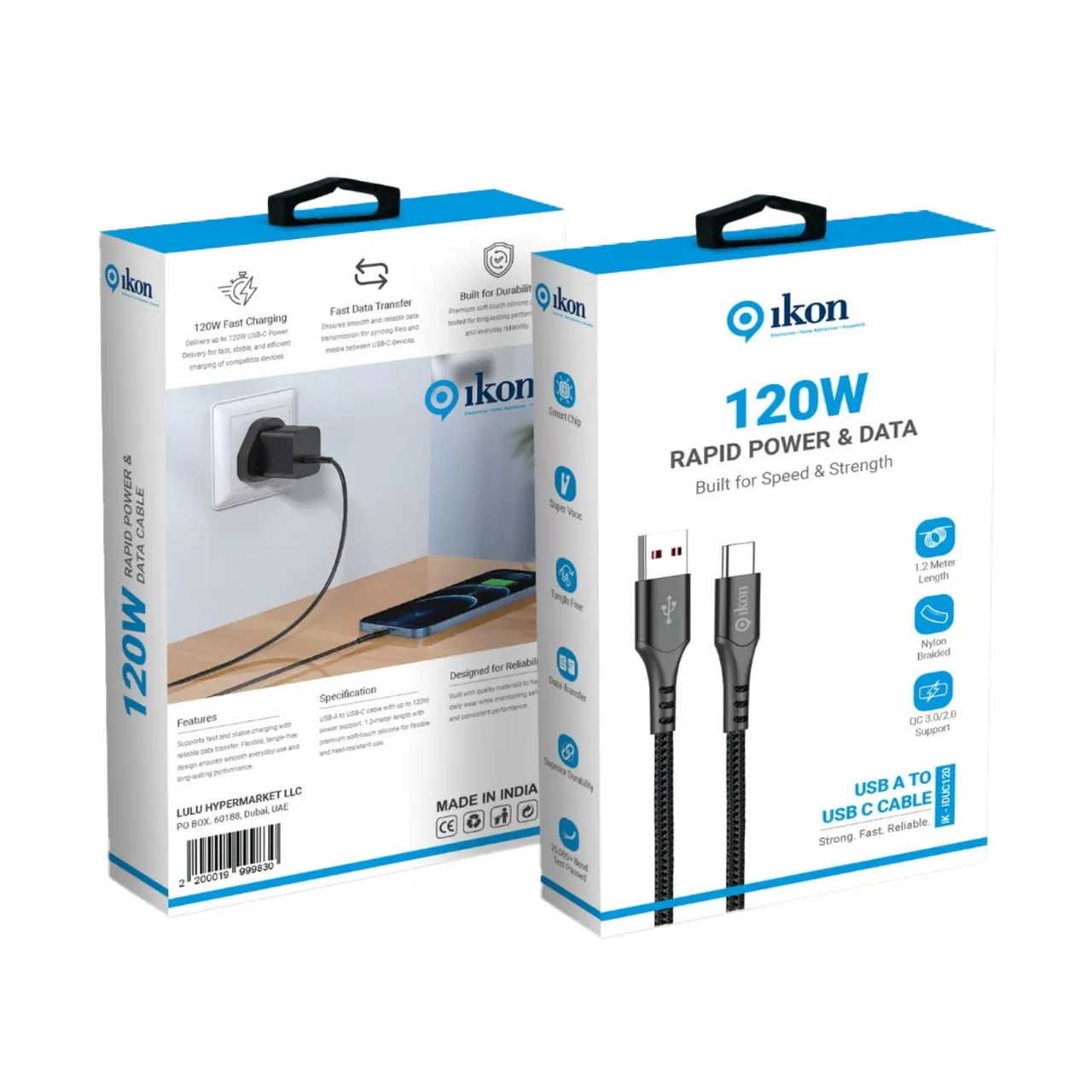 Ikon كابل USB Type-A إلى USB Type-C بقدرة 120W بطول 1.2 m، أسود/أبيض، IK-IDUC120