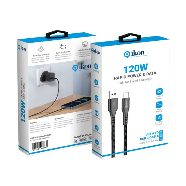 Ikon 120W USB Type-A to USB Type-C Cable, 1.2 m, Black/White, IK-IDUC120