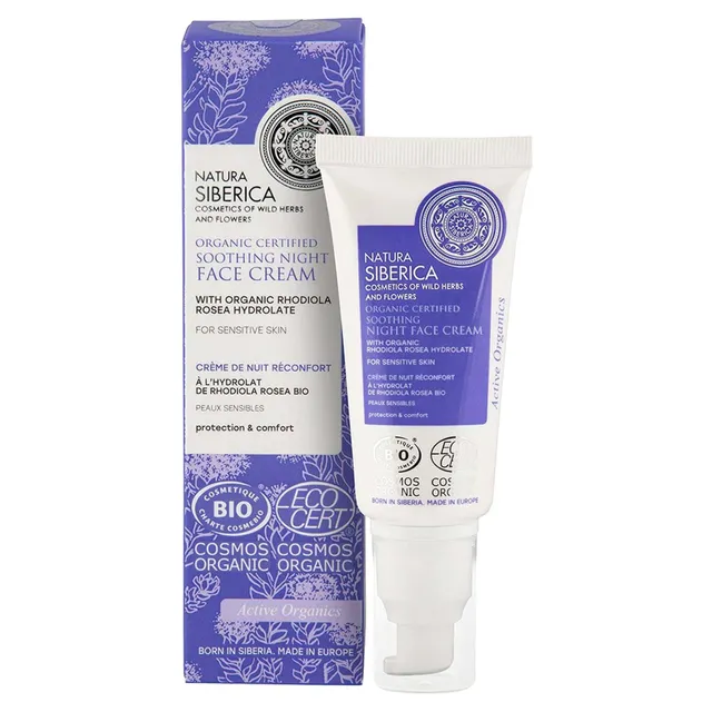 Natura Siberica Organic Certified Soothing Night Face Cream with Rhodiola Rosea Hydrolate for Sensitive Skin