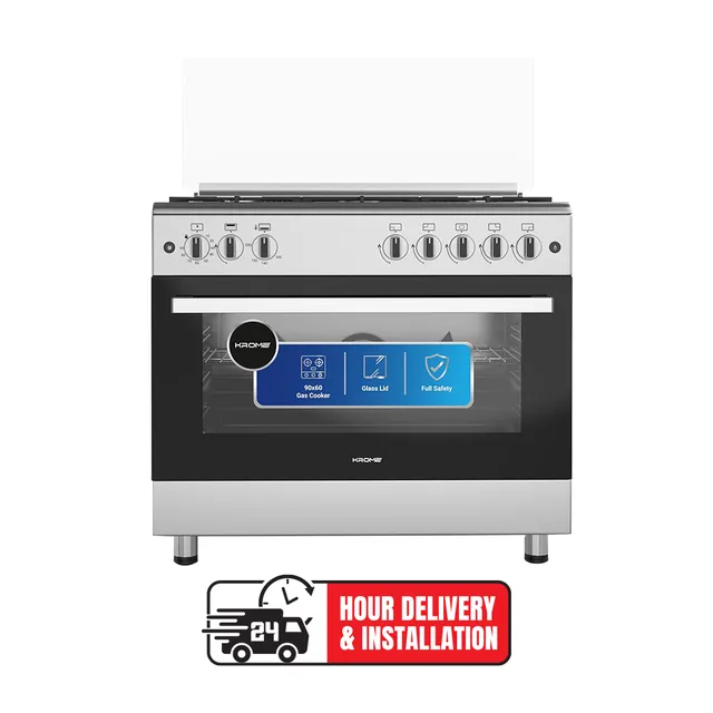Krome 90x60 Cm Free Standing Gas Cooker, 5 Euro Pool Gas Burners, Flame Protection, Stainless Steel, Double Turbo Fan for Even Heat Distribution, Push Button Ignition, KR-CR 9061FE