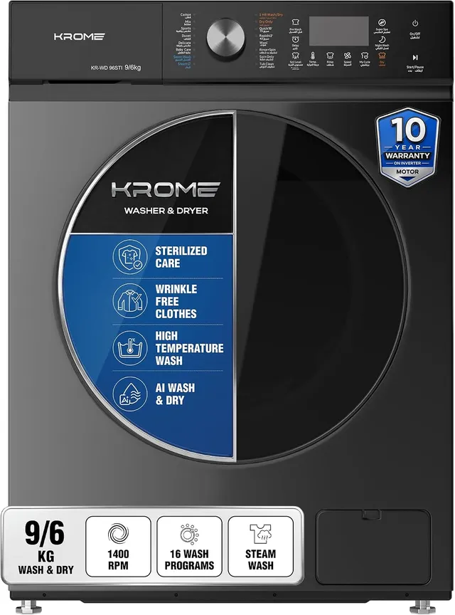 Krome 9/ Front Loading Washer Dryer Machine, 1400 RPM, 16 Program, Variable Temp, Foam Sensing & Removal, BLDC Motor, Auto Restart & Balance, Load Detect, Child Lock -KR-WD96STI