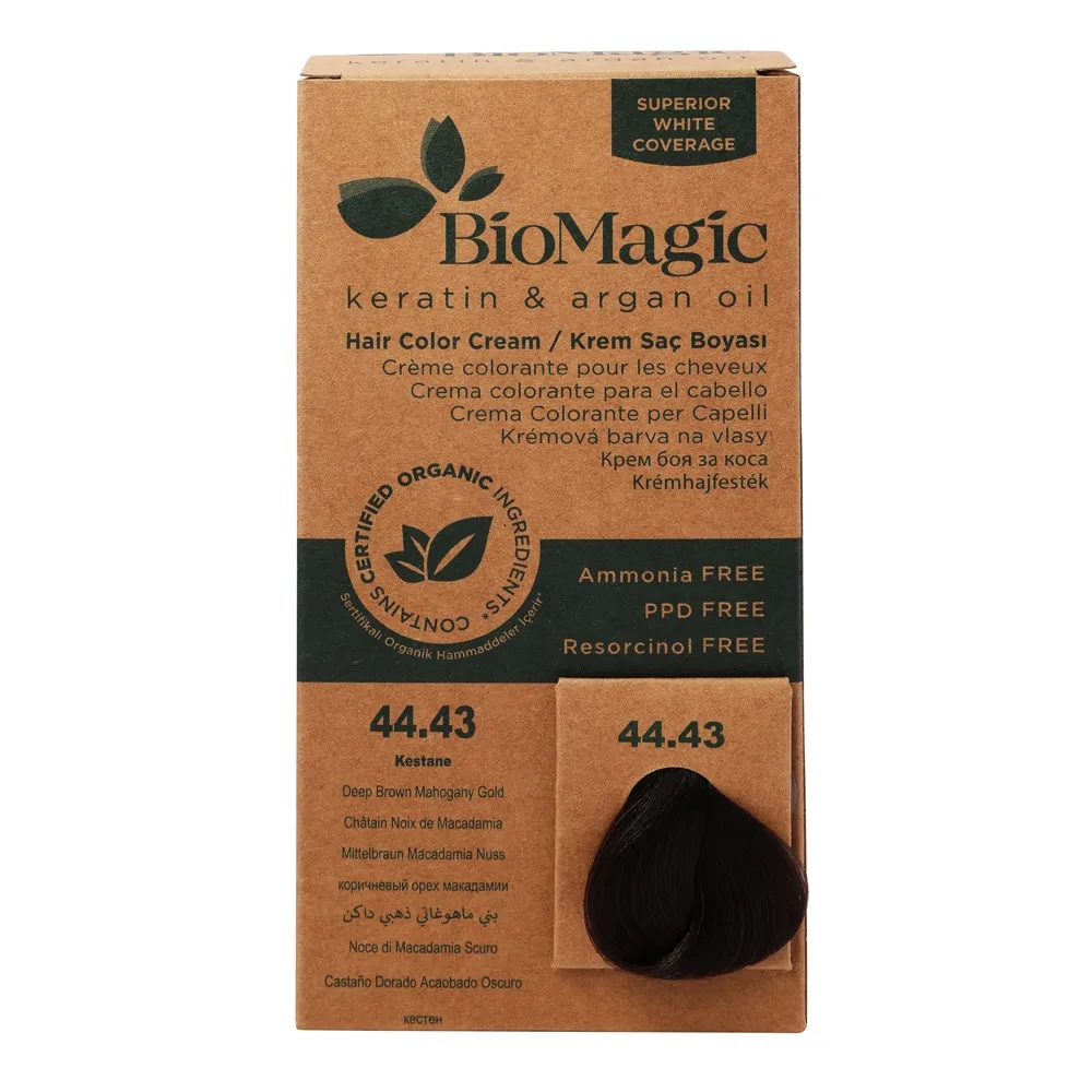 Biomagic كريم صبغة شعر بالكيراتين وزيت الأرغان 4/43 بني غامق ذهبي