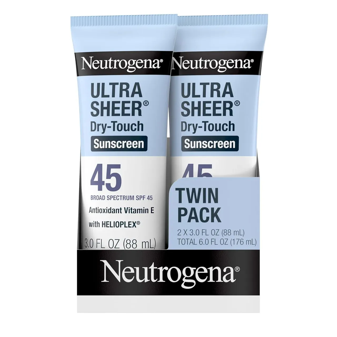 neutrogena واقي شمس Ultra Sheer Dry-Touch للوجه والجسم، SPF 45 حماية واسعة UVA/UVB، خفيف الوزن مقاوم للماء وغير دهني، حجم سفر، 3 fl. OZ 2 Pack