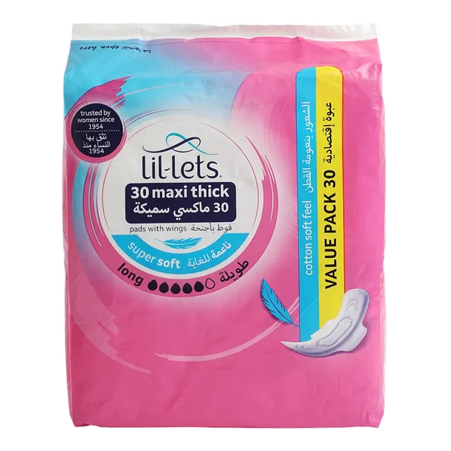 Lil-Lets Maxi Long Maxi Thick Super Soft Pads with Wings, 30 Pcs