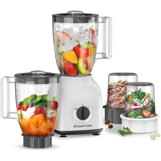 Russell Hobbs 400W 4 in 1 Blender, 2 Grinder & Multi Chopper Mill, Smoothie Maker, Multifunction High Speed Mixer Grinder for Coffee Beans, Spices & Nuts, 2 Speed & Pulse Function White - BWM103.