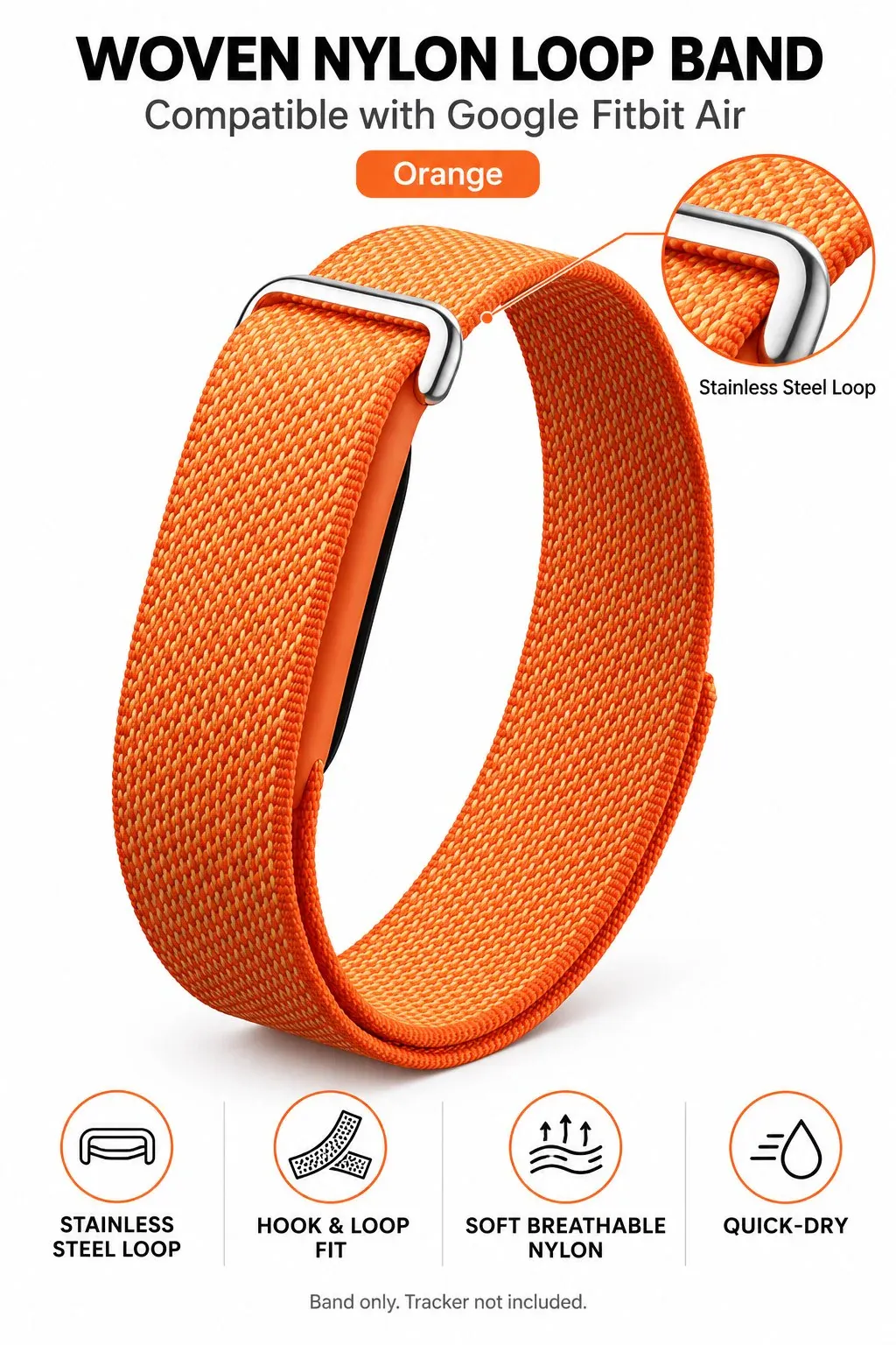 saraoont سوار نايلون متوافق مع Google Fitbit Air، حزام رياضي منسوج مرن بخطاف وحلقة، سوار معصم بديل قابل للتعديل وجيد التهوية - برتقالي