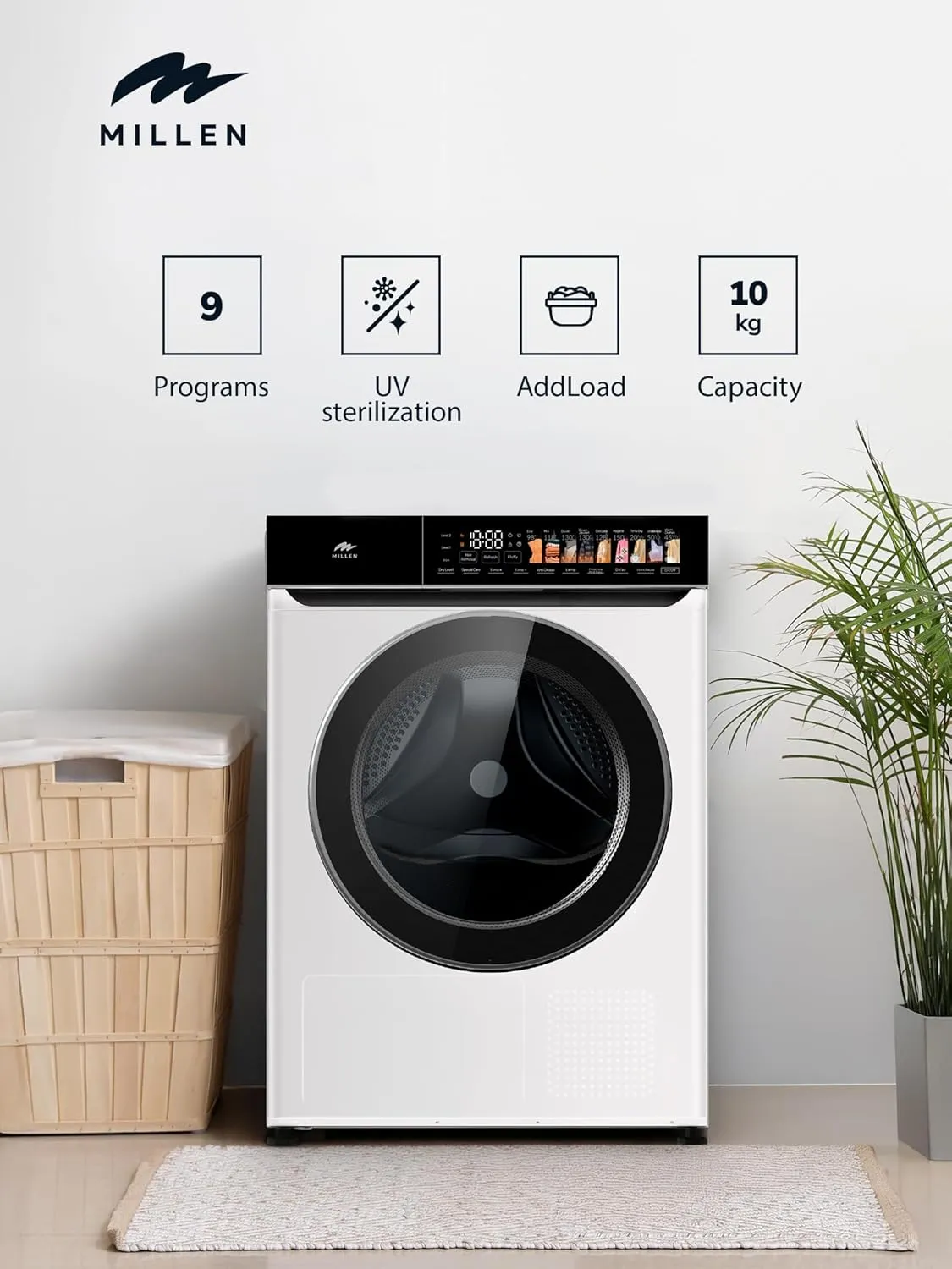 Millen مجفف تحميل أمامي بمضخة حرارية – ضمان 3Y، ذكي، تجفيف فعال ولطيف، МDM10WD