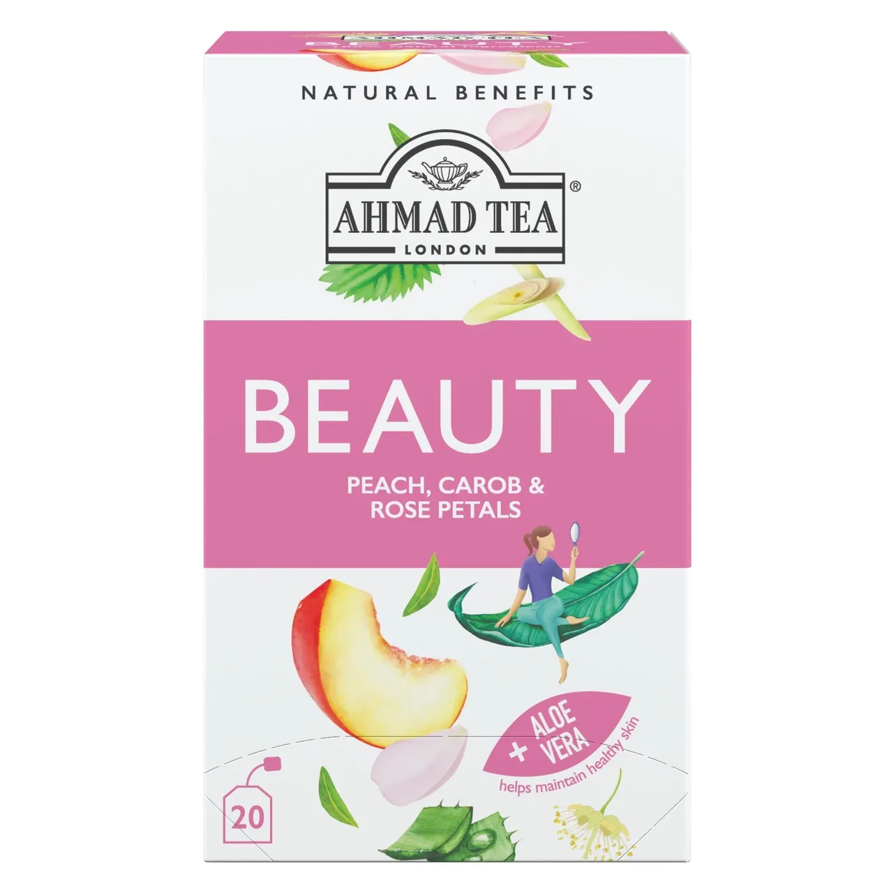 Ahmad Tea شاي الجمال بالخوخ والخروب وبتلات الورد مع الألوفيرا 20 كيس شاي