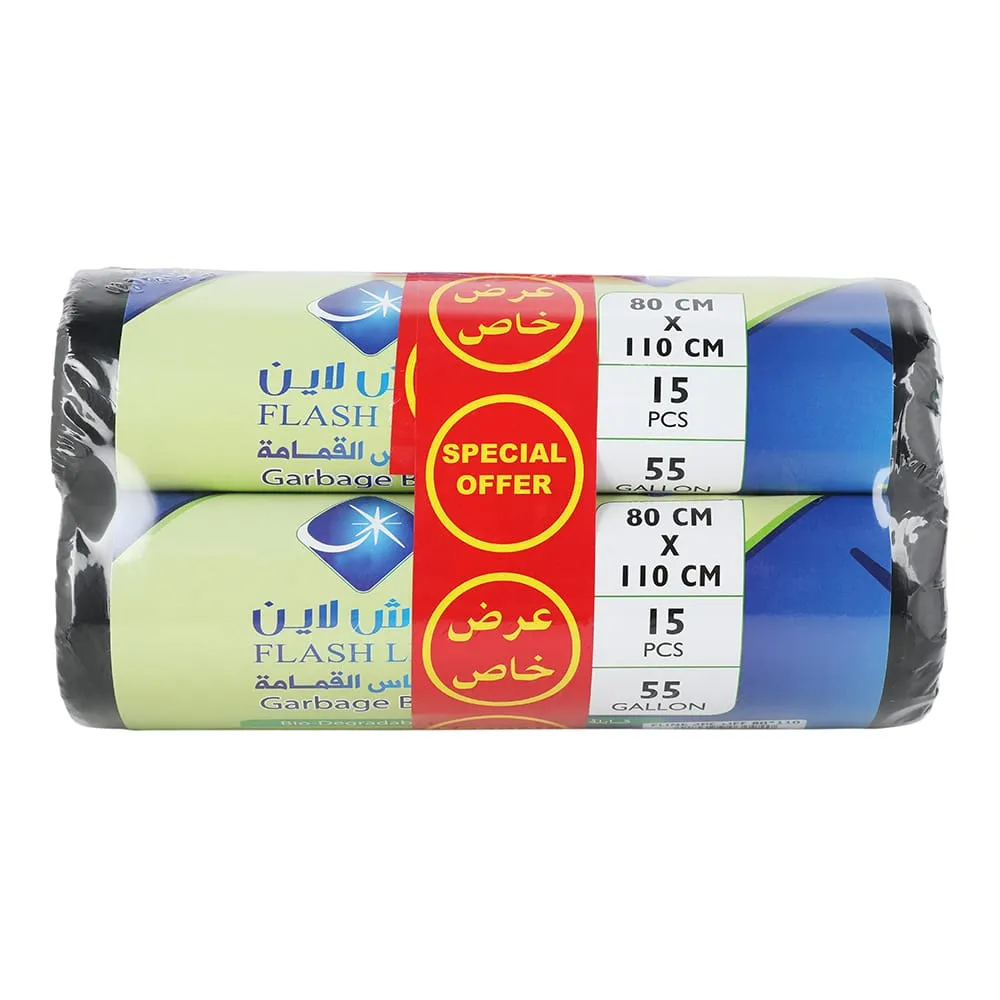 Flash Line أكياس قمامة كبيرة 55 Gallons، مقاس 80 x 110 cm، عدد 15 Pieces x 2 Rolls
