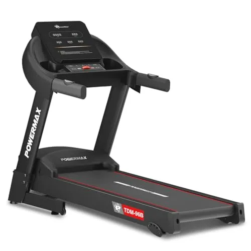 Powermax Fitness جهاز مشي Tdm-96B 4Hp DC للمنزل، سرعة قصوى 14Km/Hr وميل يدوي بـ 4 مستويات مع Bluetooth للتطبيق ومكبر صوت وMP3 وقابل للطي مع شاشة LED