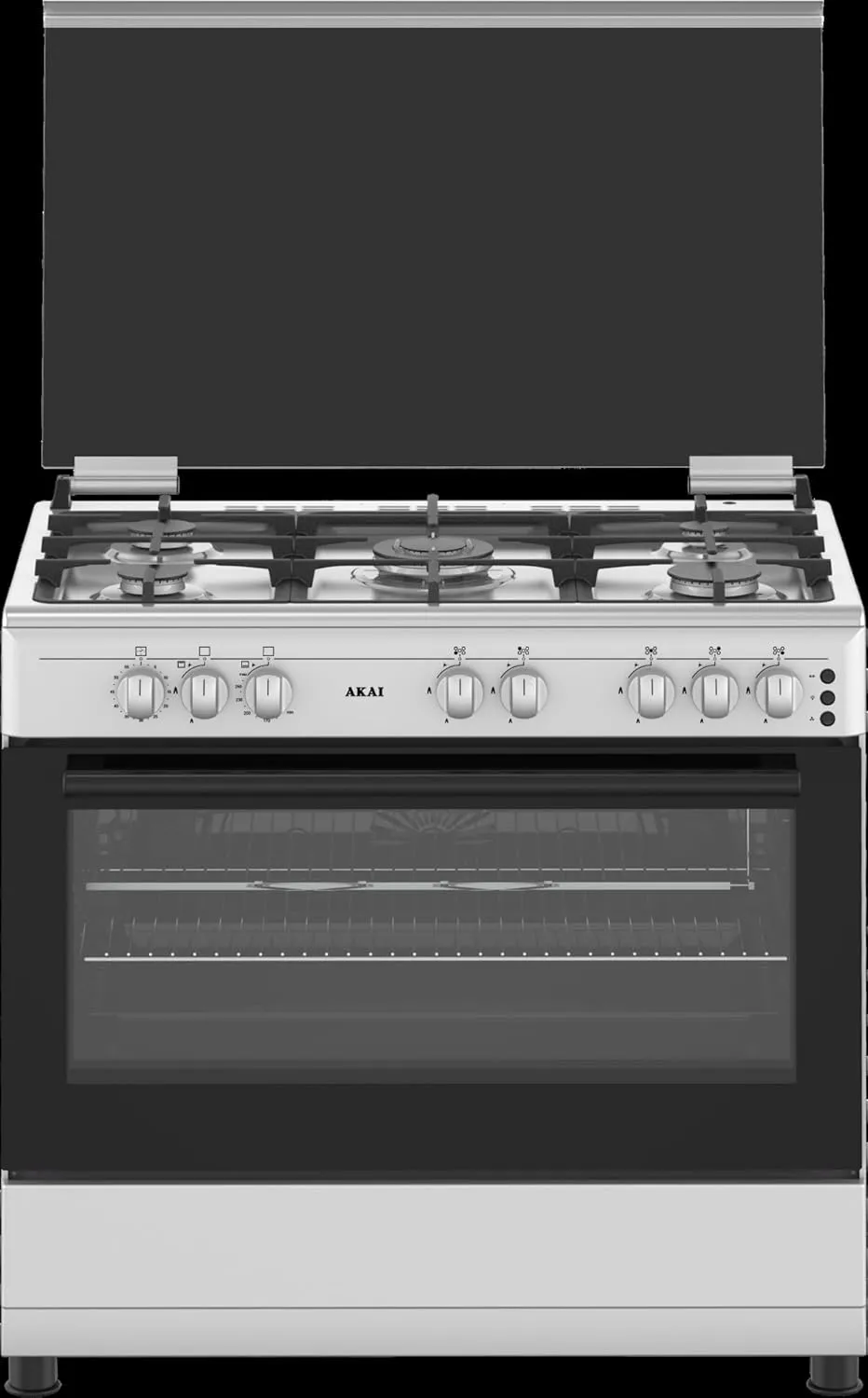 Akai فرن طبخ 90x60 cms، أمان كامل، 5 شعلات، حديد زهر، إشعال ذاتي، شواية غاز بالحمل الحراري، صنع في تركيا - CRMA-960SCFN