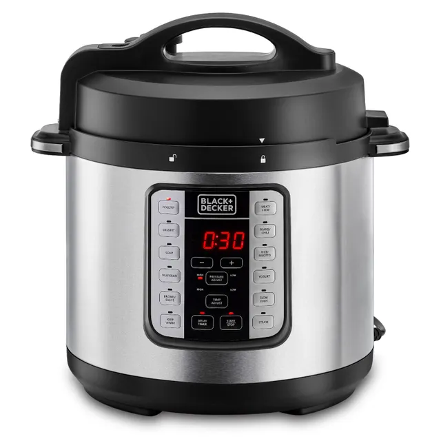 Black+Decker Electric Pressure Cooker 1000W 7-in-1 Multi-Cooker with 12 Smart Programs 9 Safety Features Dishwasher Safe Includes Accessories Fast and Easy Meals - Black/Sliver PCP1000-B5