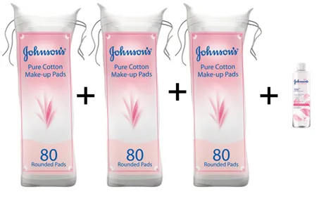 Johnson&Johnson Pure Cotton Make-Up Pads, 3 x 80 Pads & Micellar Water, (Free)