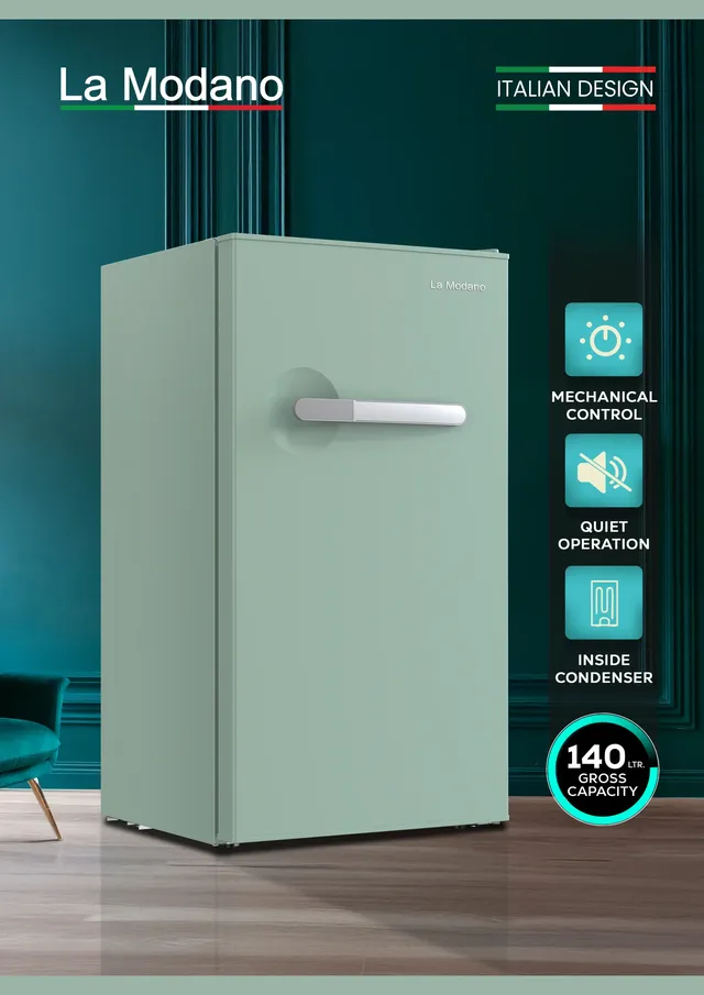 la modano Compact Gross Capacity Single Door Refrigerator with Mechanical Control, Defrost Function, R600A Refrigerant, Inner Light, 2 Glass Shelves, 6 Bottle Racks - LMR140G