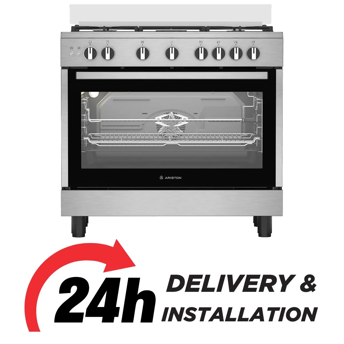 Ariston طباخ غاز 90CM | 5 شعلات | فرن بمروحة | تنظيف ذاتي | إشعال تلقائي | صمام أمان | دعامة حديد | ARR9GGF22125XME