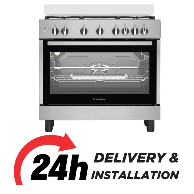 Ariston 90 cm Gas Cooker, 5 Burners, Built-in Air Fryer, Self-Cleaning, Auto Ignition, Cast Iron Support, ARR9GGF23129XME