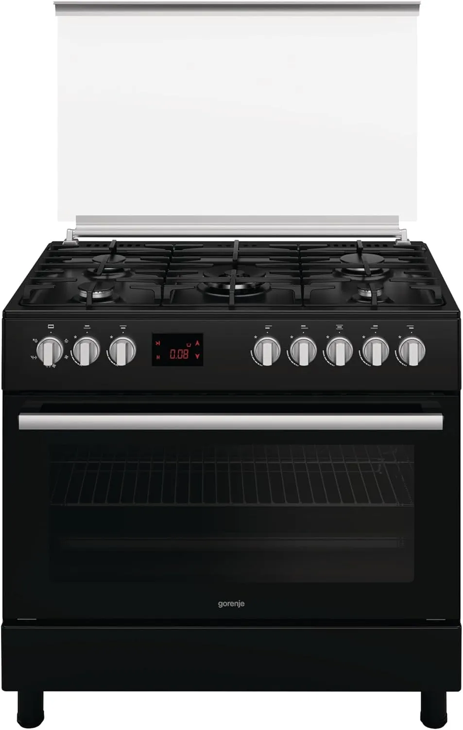 Gorenje طباخ غاز قائم بذاته 90cm، فرن متعدد الوظائف 105 Litres مع مروحة، دعامة مقلاة من الحديد الزهر، إشعال بيد واحدة، جوانب فرن ذاتية التنظيف، أسود مطفي، GGI9C20B، ضمان 1 Year