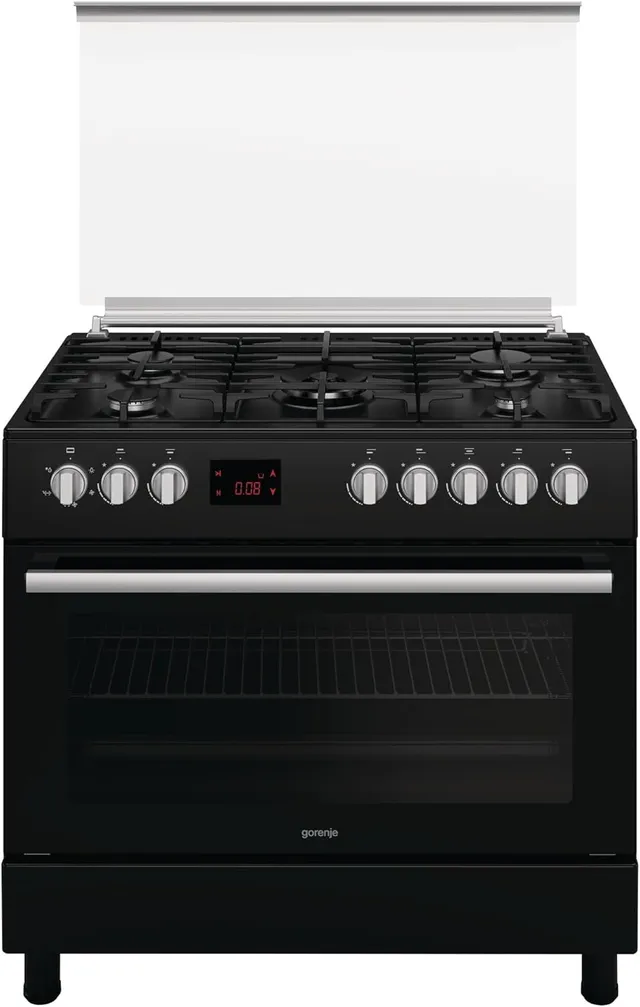 Gorenje 90cm Freestanding Gas Cooker, 105 Litres Multifunction Oven with Fan, Cast Iron Pan Support, One Hand Ignition, Catalytic Self Cleaning oven sides, Matt Black, GGI9C20B, 1 Year Warranty