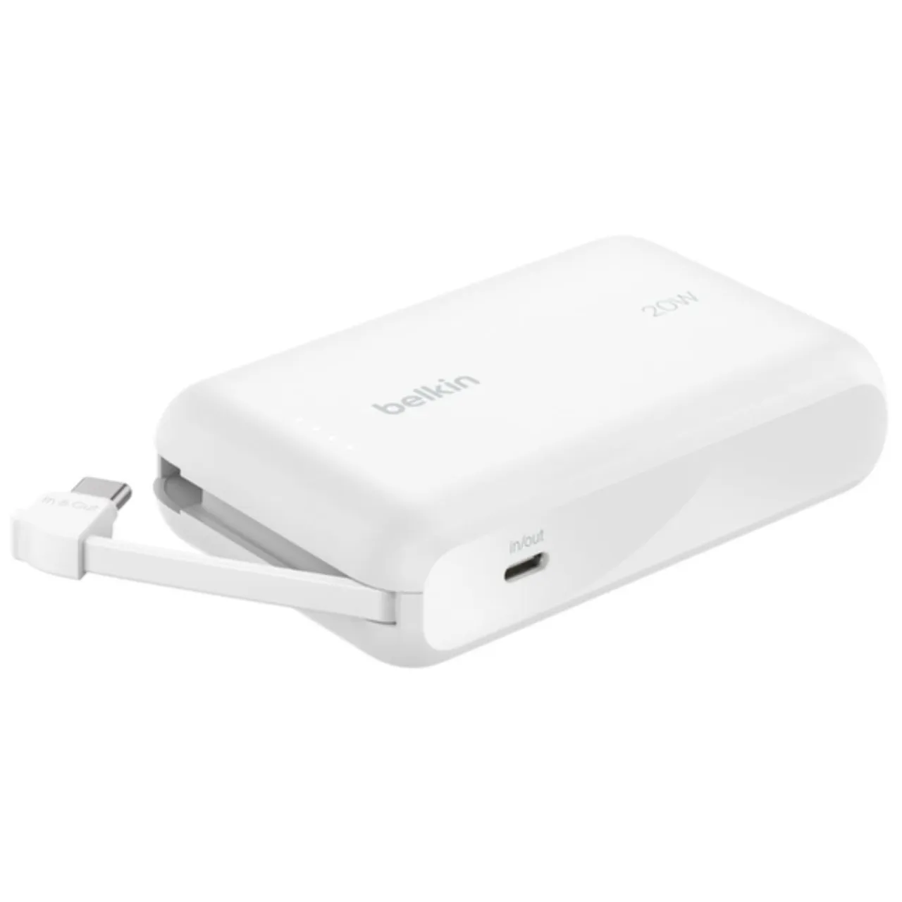 Belkin باور بانك BoostCharge بسعة 10K | شحن سريع 20W PD | كابل USB-C مدمج | شحن جهازين | أبيض