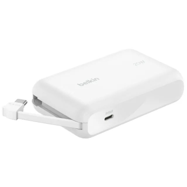Belkin BoostCharge Power Bank 10K, 20W PD Fast Charging, Integrated USB-C Cable, Dual Device Charging, White