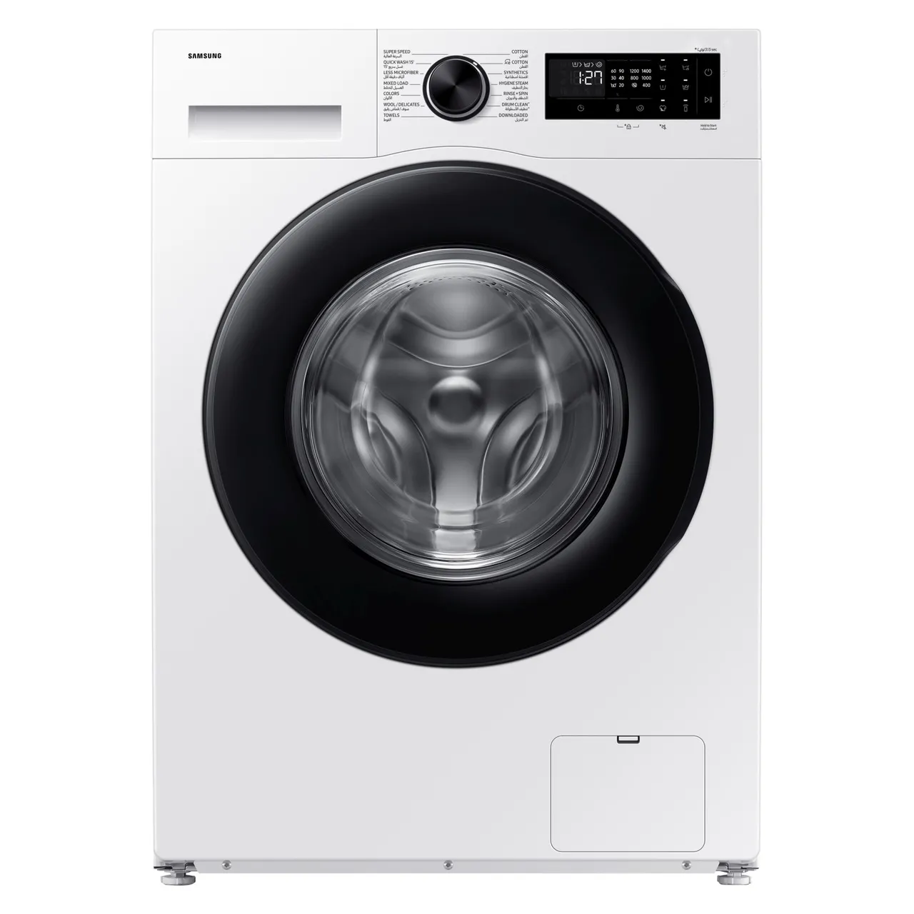 Samsung غسالة تحميل أمامي WW90DG5U34AE بتقنية Bubble بسرعة 1400 rpm من الستانلس ستيل باللون الأبيض