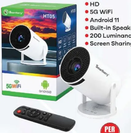 Smartberry Projector 4K HT5, HD, 5G WiFi, Android 11, Built-in Speaker, 200 Luminance, Screen Sharing