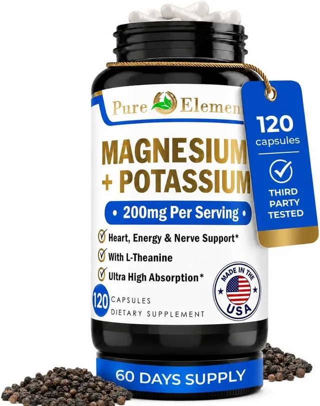 Pure Organic Elements Magnesium Glycinate With L-Theanine, Potassium And Black Peper - Ultra High Absorption, 120CT, Magnesium Glycinate With L-Theanine, Potassium And Black Pepper For Muscle