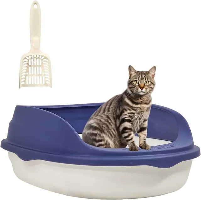 majibao Cat litter box for Medium to Large cats, Durable plastic pet toilet with Leak-proof design, Litter scoop, and Detachable design, Suitable for indoor/outdoor use, Easy to clean, 52 cm (Blue)