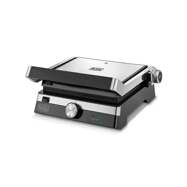 Black+Decker Family Health Grill with 180¡ Hinge 2000W 1500cm_ BBQ Area 5-Level Height Adjustment Variable Temperature Control and Drip Tray - Black/Silver CG2000-B5