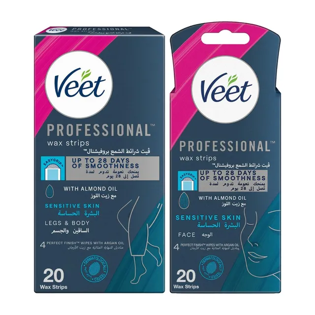 Veet Professional Hair Removal Wax Strips for Sensitive Skin - Body & Legs 20 Strips + Face 20 Strips
