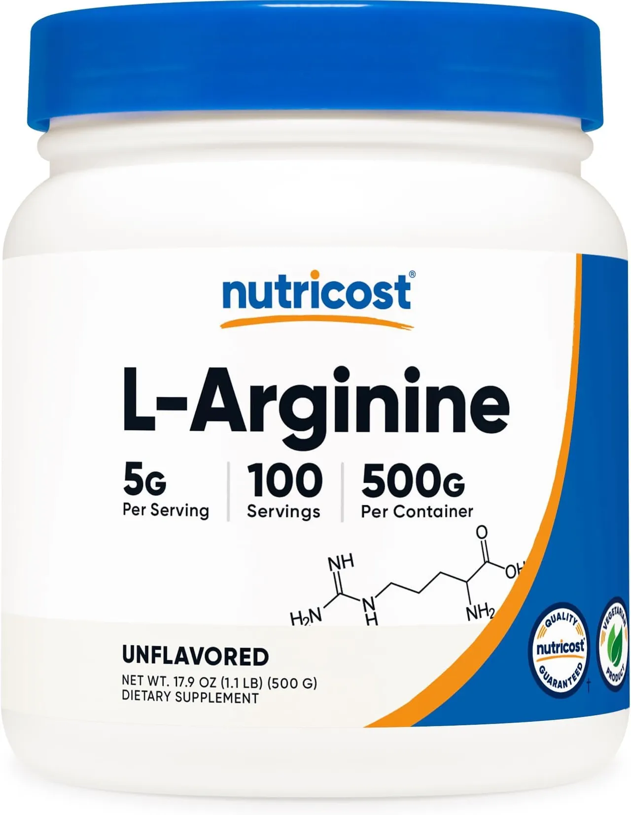 Nutricost مسحوق L-Arginine 500 Grams (1.1lbs)، مسحوق L-Arginine نقي، 5000mg للحصة؛ 100 حصة